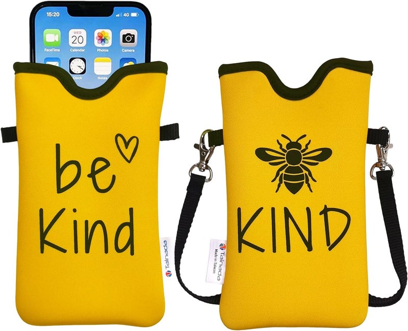 Tainada Men Women Neoprene Phone Sleeve Pouch Case Bag with Crossbody Strap/Neck Lanyard for iPhone 17/16/15 Pro Max, Air, 16/15 Plus, 16e, Samsung S25, A56, Google Pixel 10 (Be Kind Bee) - Image 1
